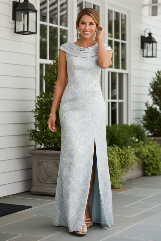 Cowl Neck Jacquard Column Evening Gown