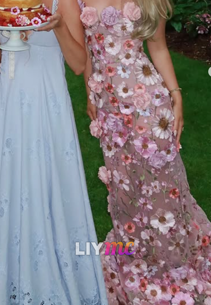 Strapless 3D Floral Mermaid Evening Gown