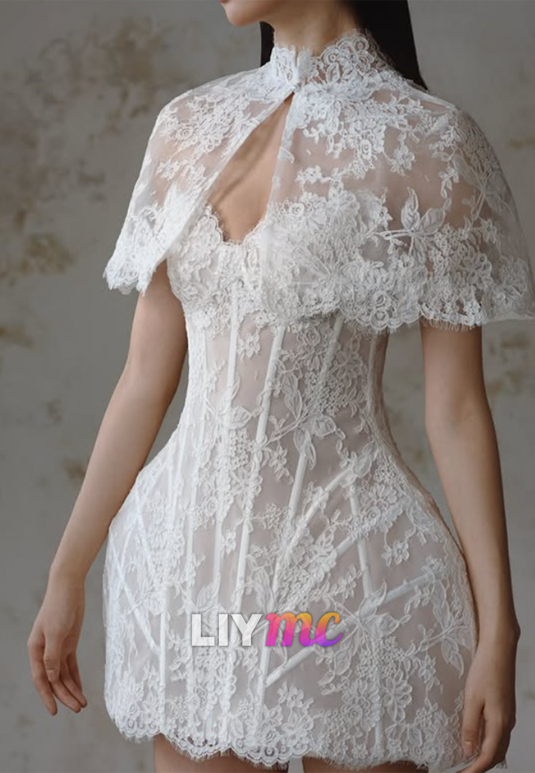 Lace Mini Dress with Capelet and Corset Bodice