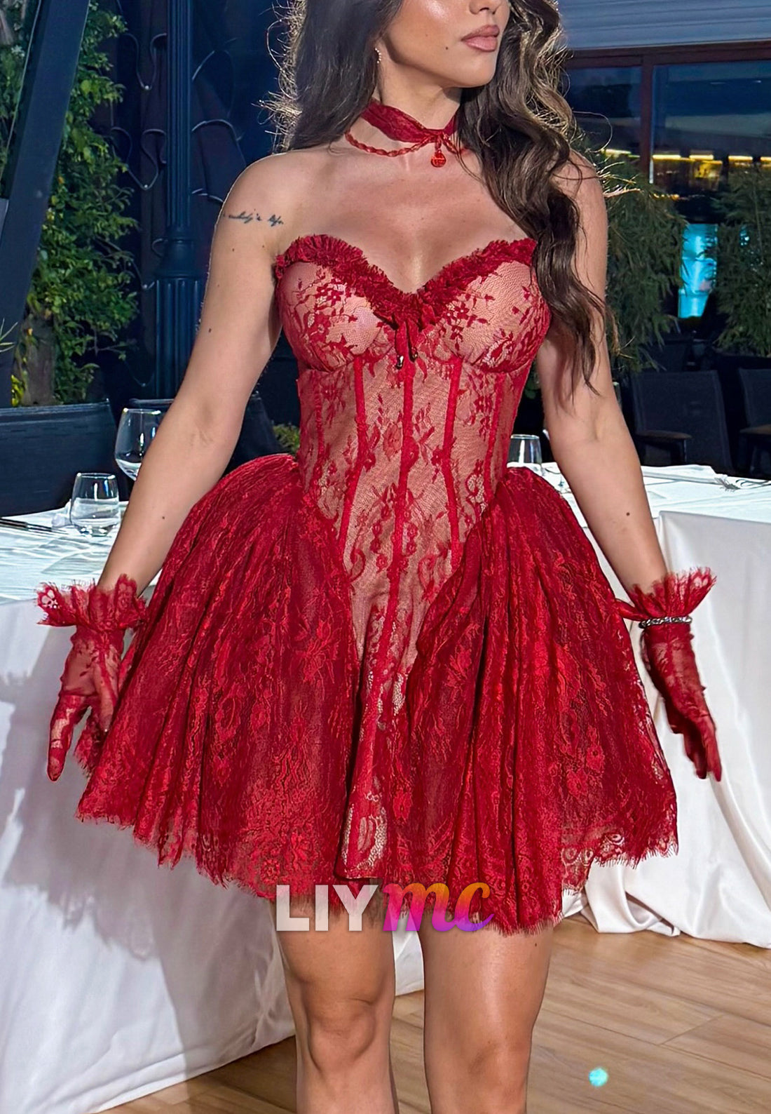 Strapless Lace Corset Mini Dress with Bubble Skirt