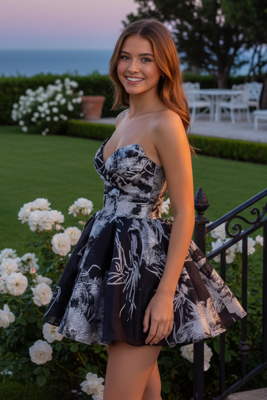 Strapless Sweetheart Pleated Organza Mini Dress