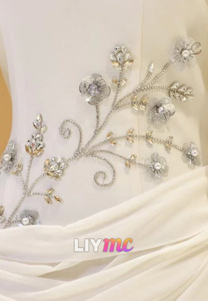 Chiffon Long Sleeve Draped Gown with Beaded Details