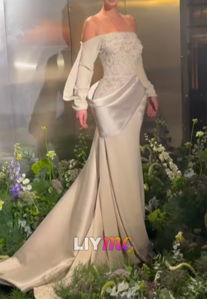 Beaded Bodice Off-Shoulder Gown with Peplum Drape