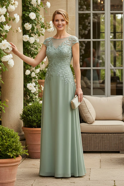 Leaf Embroidered Illusion Cap Sleeve Chiffon Gown