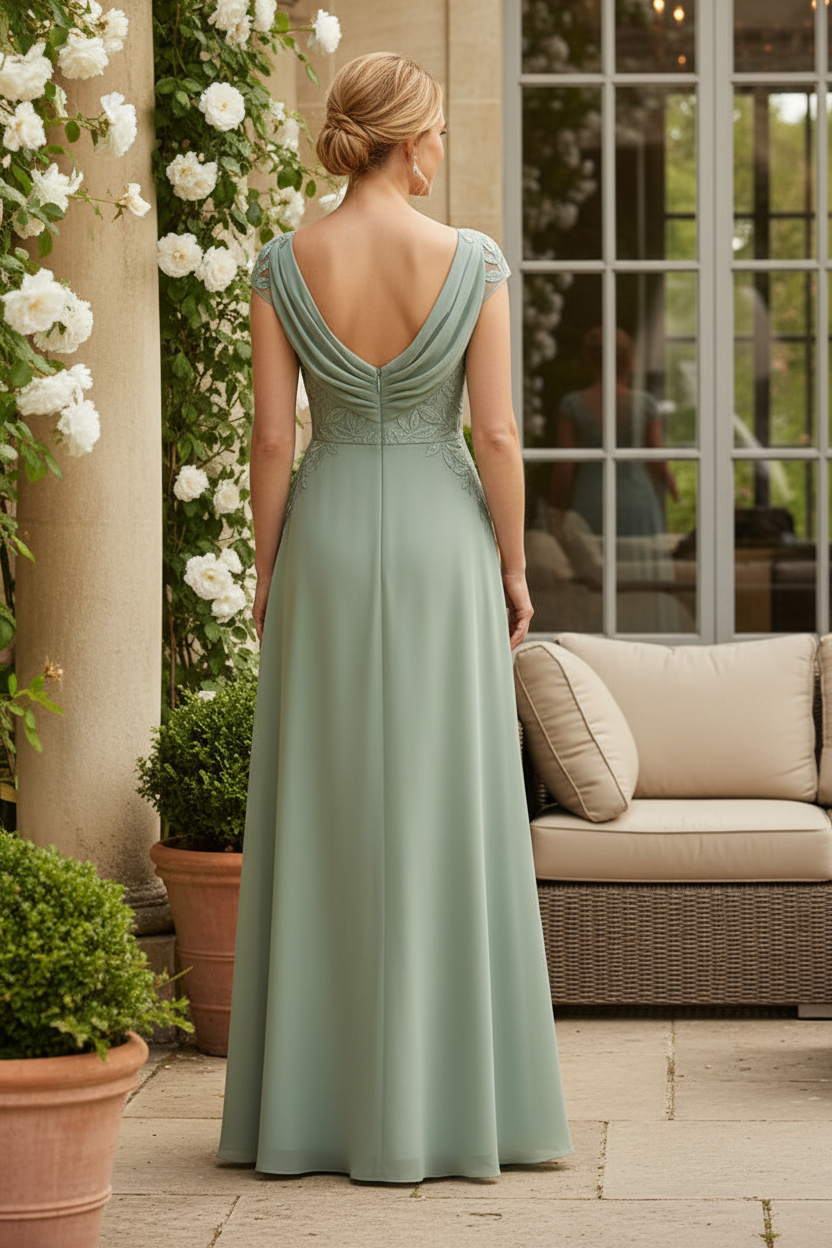 Leaf Embroidered Illusion Cap Sleeve Chiffon Gown