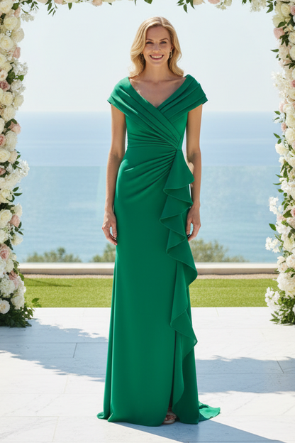 Off-the-Shoulder Ruffle Front Evening Gown with Slit