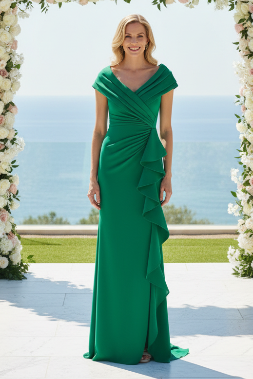 Off-the-Shoulder Ruffle Front Evening Gown with Slit