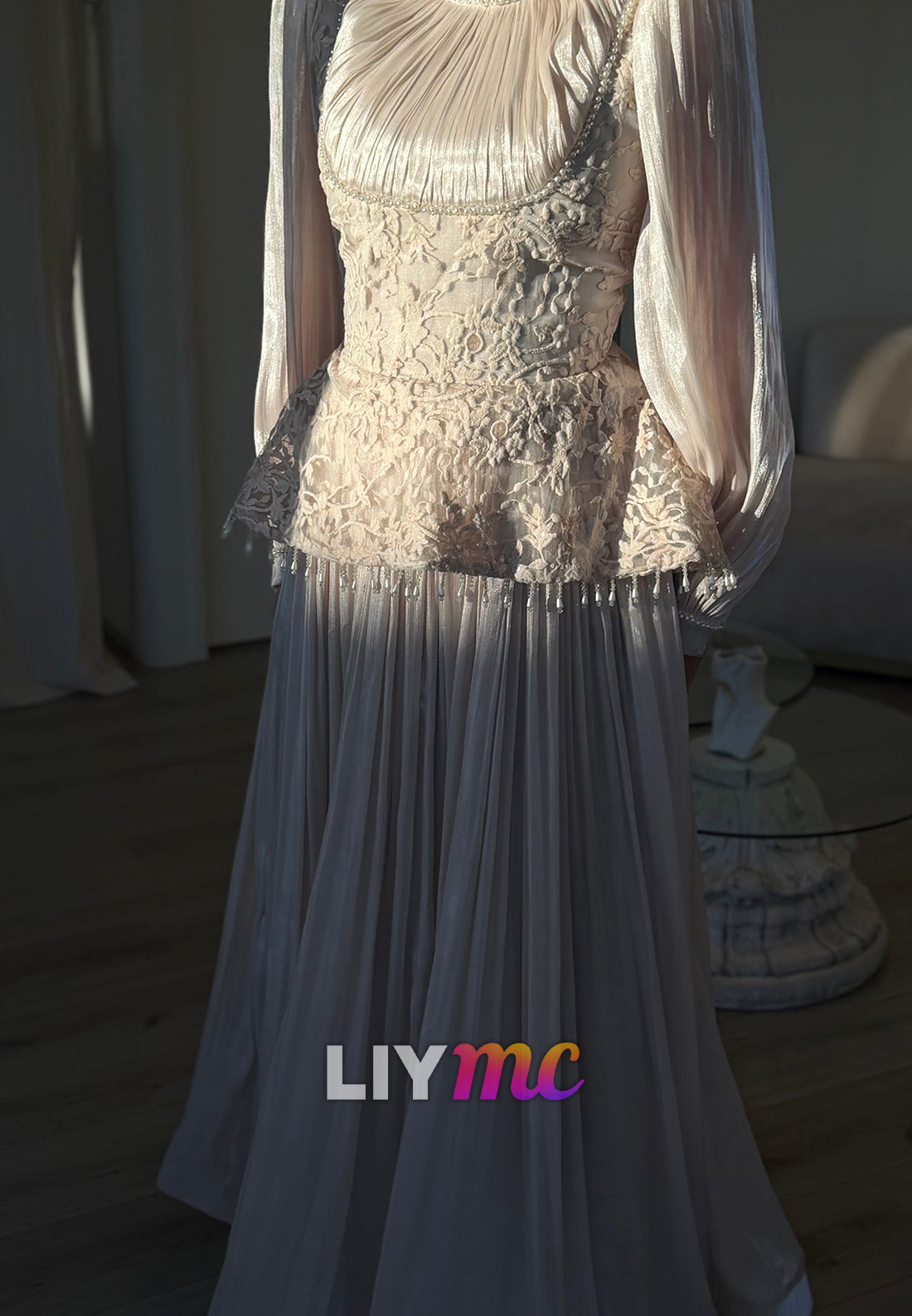 Pleated Peplum Gown with Long Bishop Sleeves