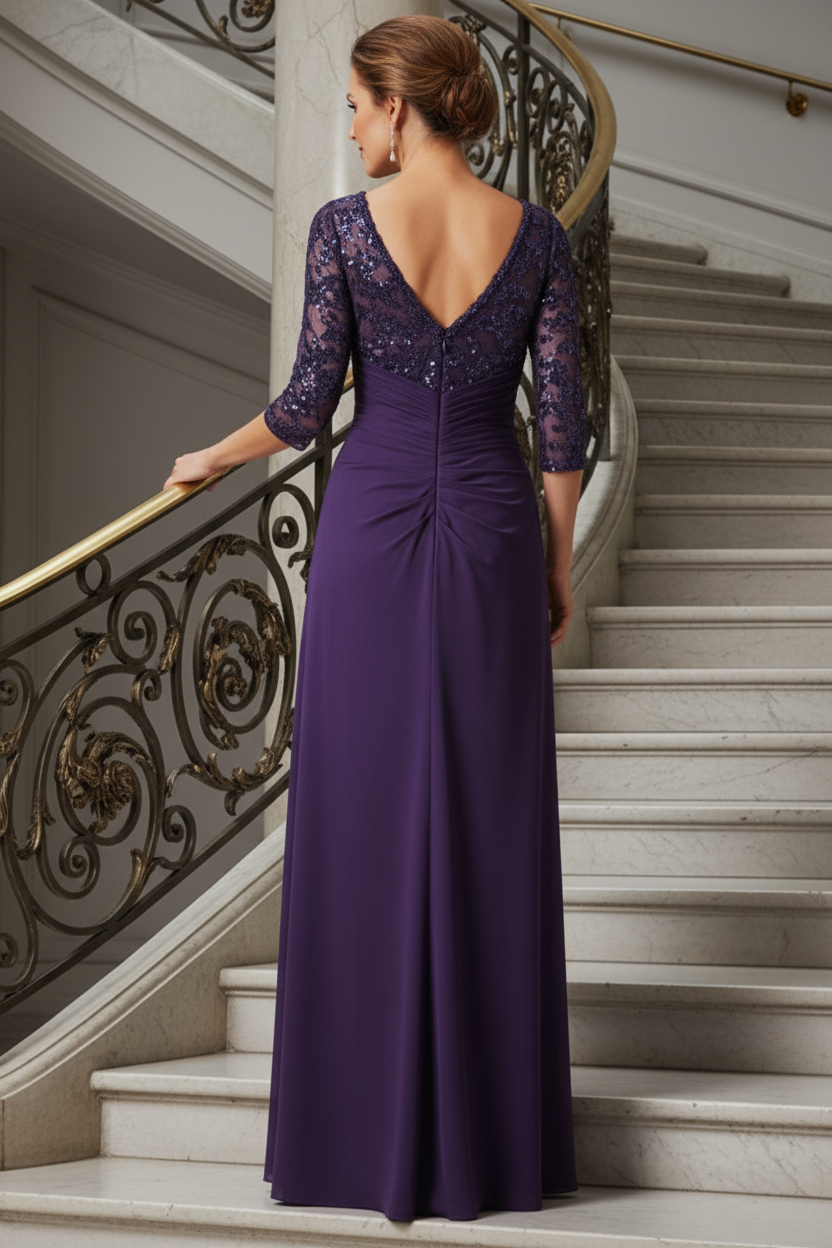 Sequin Bodice Ruched Evening Gown with 3/4 Sleeves