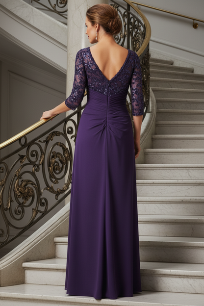 Sequin Bodice Ruched Evening Gown with 3/4 Sleeves