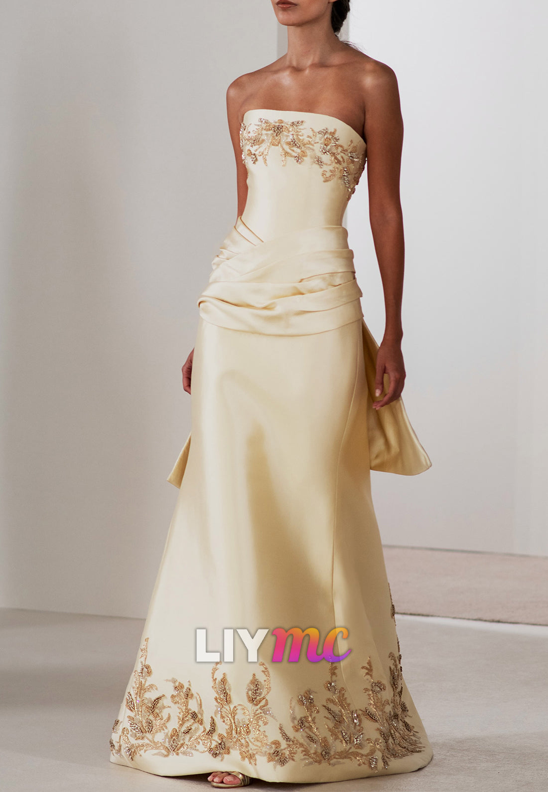 Strapless Beaded Embroidered Ruched Evening Gown
