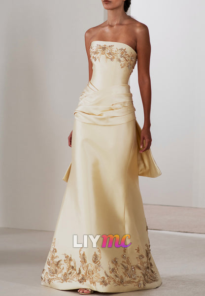 Strapless Beaded Embroidered Ruched Evening Gown