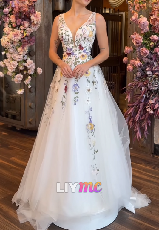 Embroidered Floral Illusion V-Neck A-Line Wedding Dress