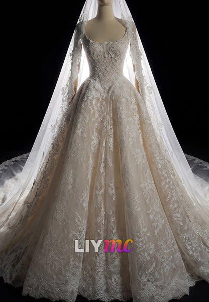 Beaded Lace Long Sleeve Ball Gown Wedding Dress