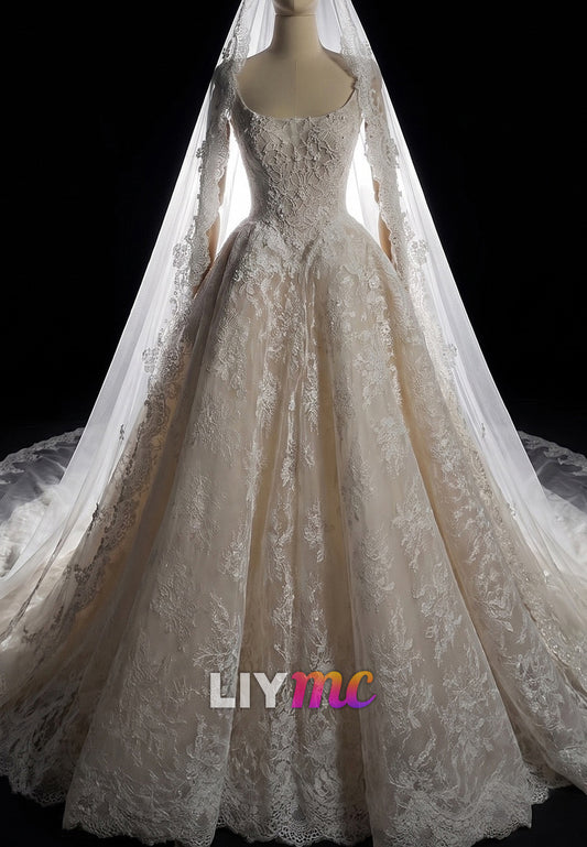 Beaded Lace Long Sleeve Ball Gown Wedding Dress