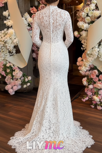 High Neck Long Sleeve Lace Mermaid Wedding Dress