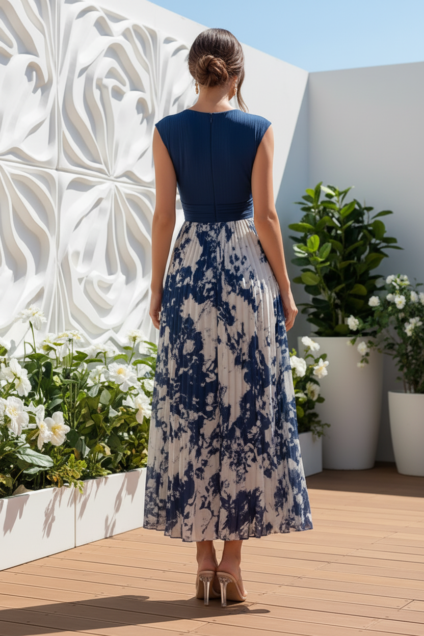 Elegant Pleated Floral Print A-Line Maxi Dress