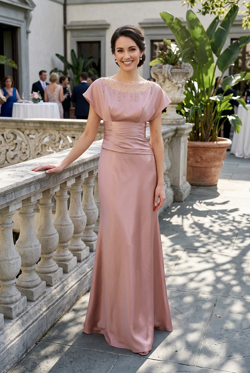Beaded Illusion Neck Satin Gown with Ruched Waist