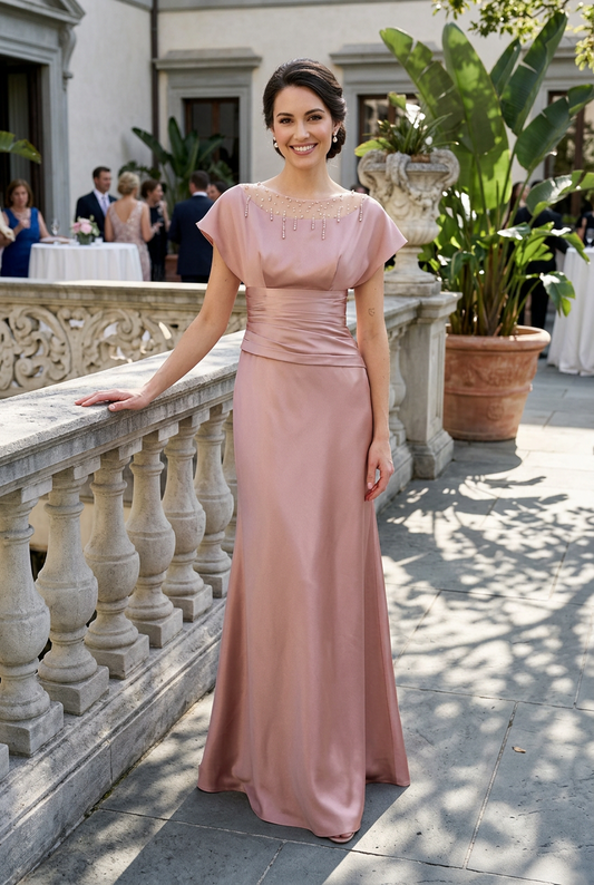 Beaded Illusion Neck Satin Gown with Ruched Waist