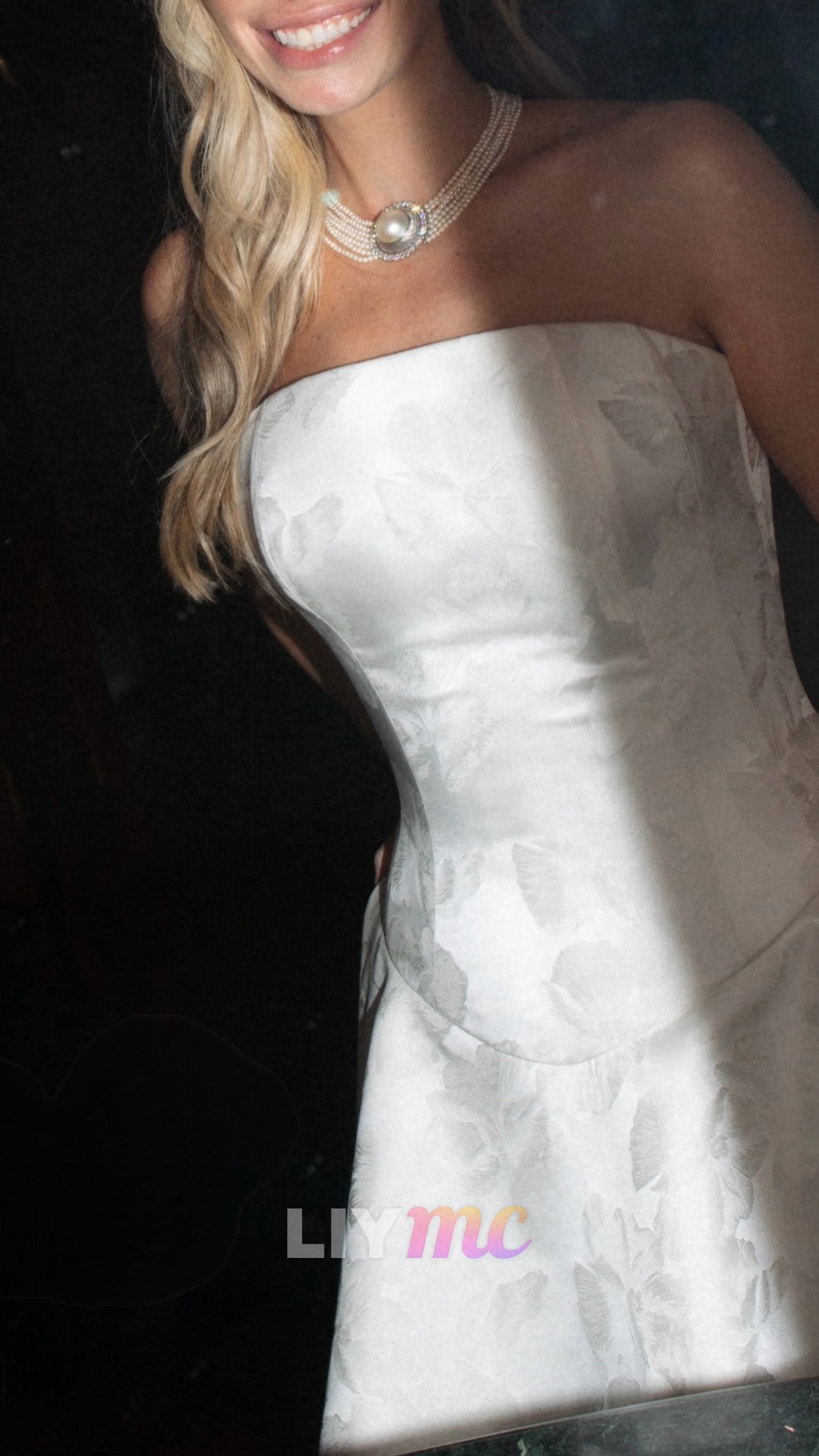 Strapless Jacquard High-Low Gown with Sheer Skirt