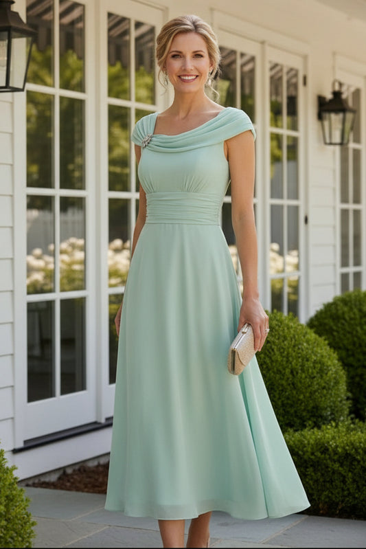 Elegant Cowl Neck A-Line Chiffon Tea-Length Dress