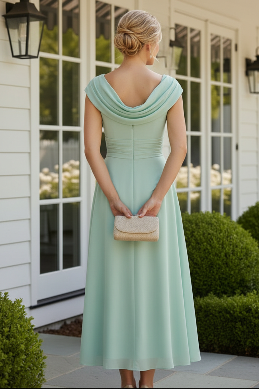 Elegant Cowl Neck A-Line Chiffon Tea-Length Dress