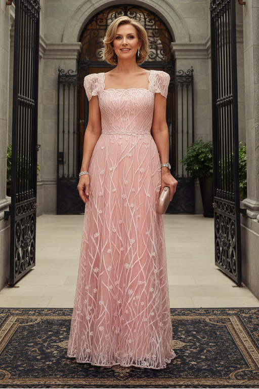 Embroidered Square Neck A-Line Gown with Cap Sleeves