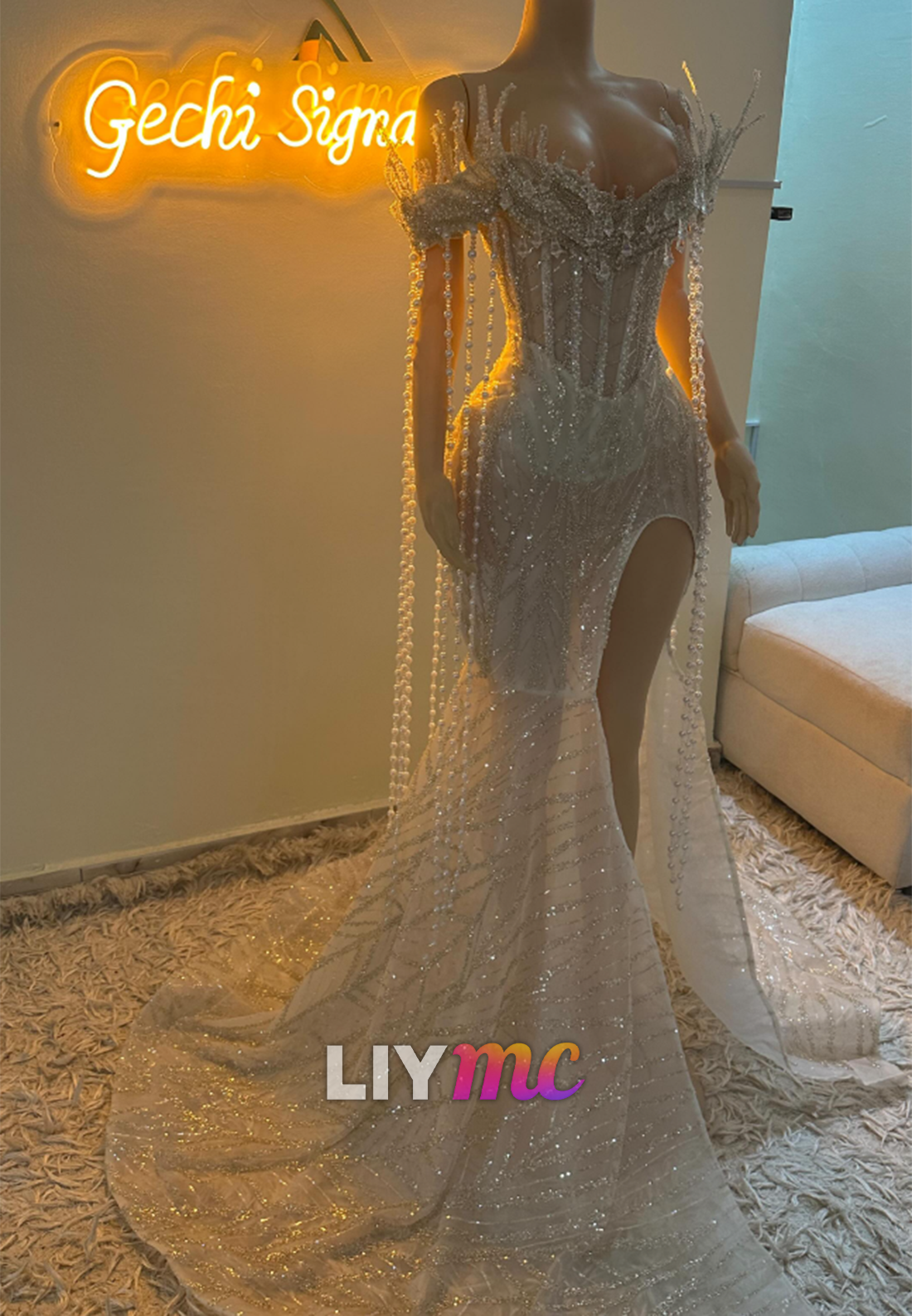 Corset Mermaid Gown with Beaded Fringe & Slit