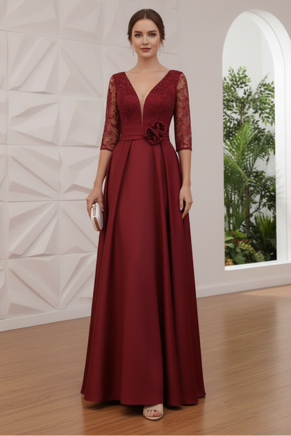 V-Neck Lace Bodice Satin A-Line Evening Dress