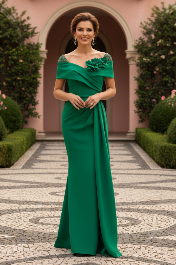 Floral Applique Draped Column Gown