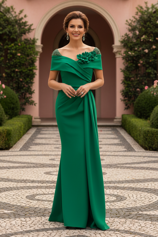 Floral Applique Draped Column Gown