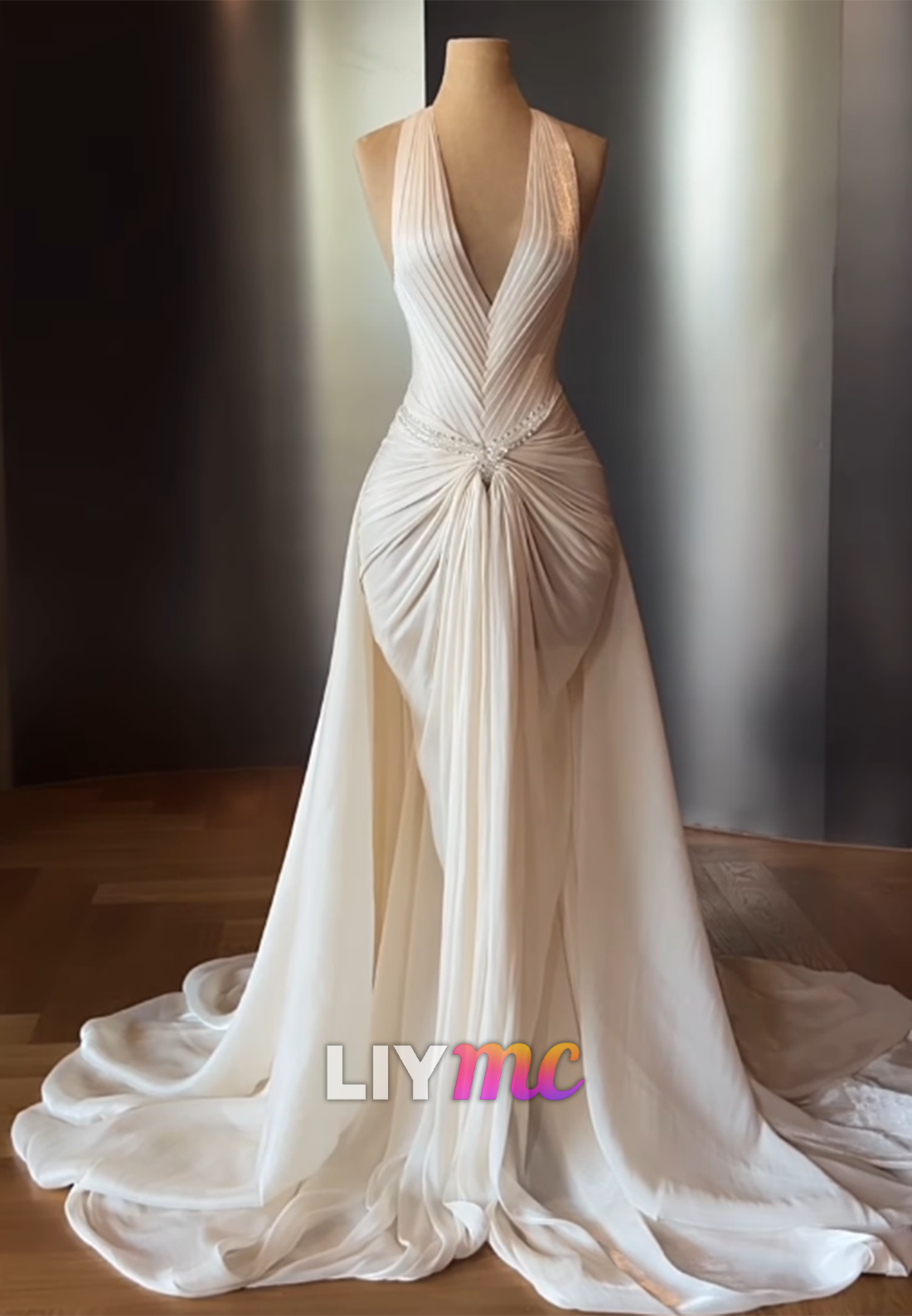 Pleated Halter Deep V-Neck Evening Gown