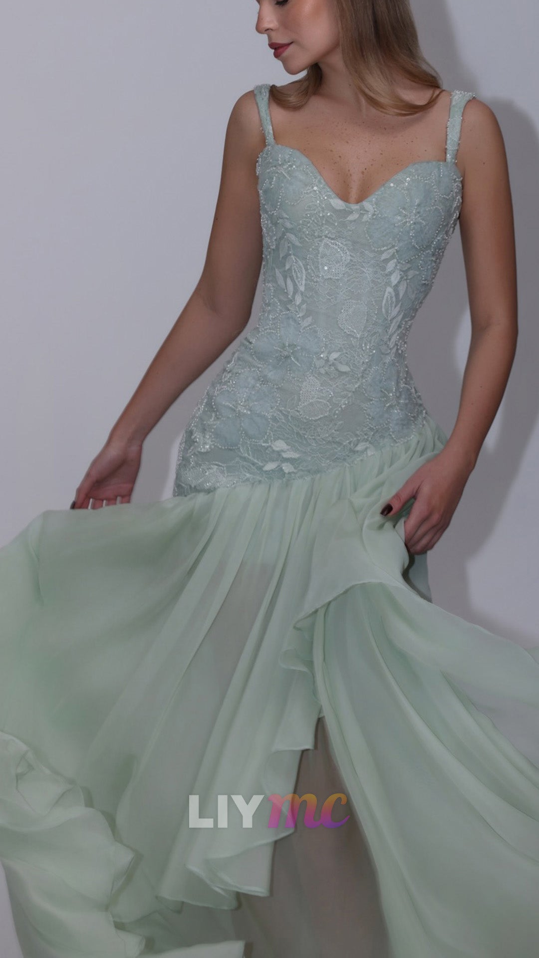 Beaded Lace Bodice Gown with Cascading Ruffle Skirt