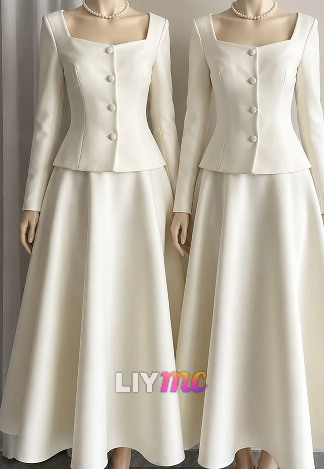 Square Neck Long Sleeve Peplum A-Line Wedding Dress