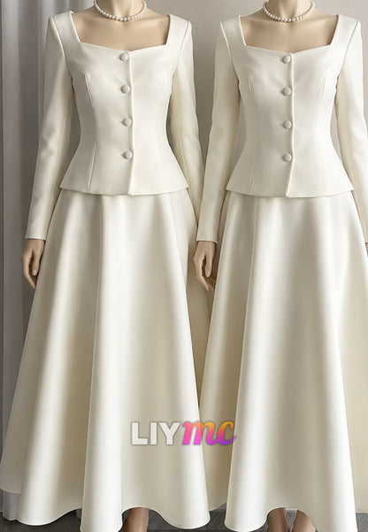 Square Neck Long Sleeve Peplum A-Line Wedding Dress