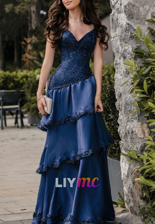 Elegant Tiered Spaghetti Strap Evening Gown