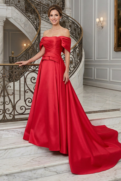 Off-the-Shoulder Pleated Satin A-Line Gown