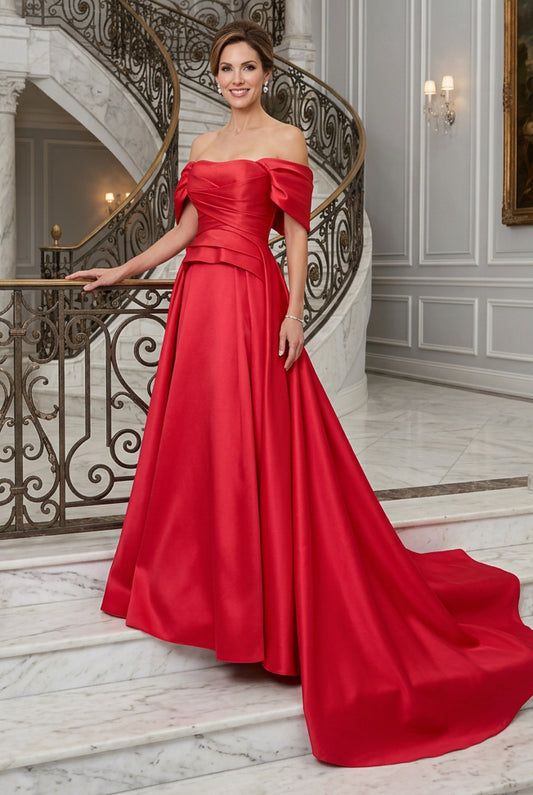 Off-the-Shoulder Pleated Satin A-Line Gown