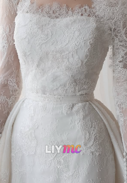 Lace Long Sleeve Wedding Dress with Overskirt