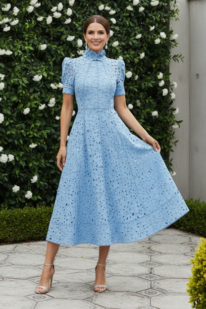 High-Neck Lace Midi Dress with 3D Floral Collar