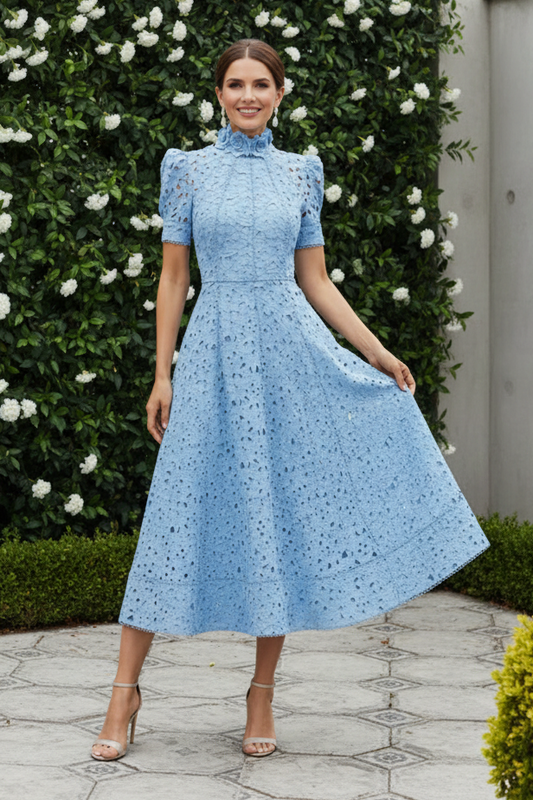 High-Neck Lace Midi Dress with 3D Floral Collar