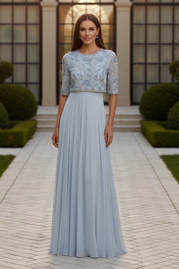Beaded Floral Two-Piece Look Chiffon Evening Gown