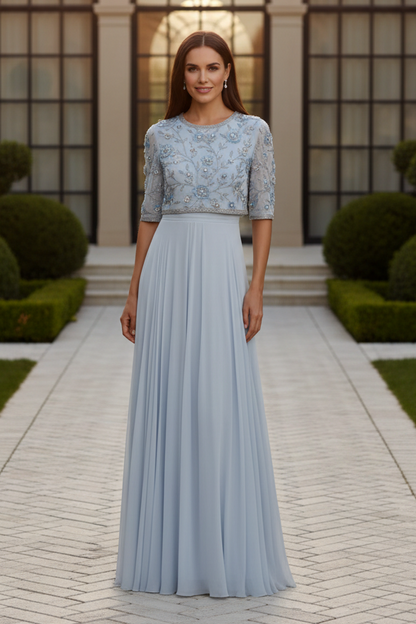 Beaded Floral Two-Piece Look Chiffon Evening Gown