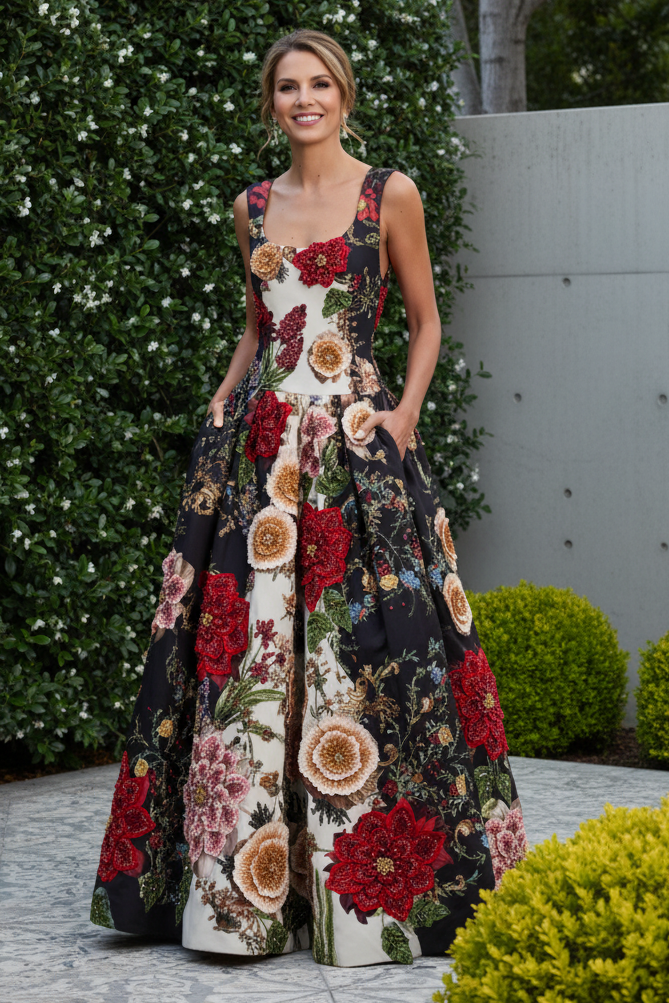 3D Floral Applique Beaded Ball Gown with Pockets