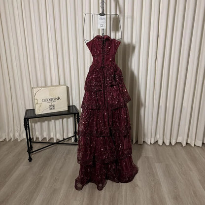 Strapless Tiered Sequin Evening Gown with Corset