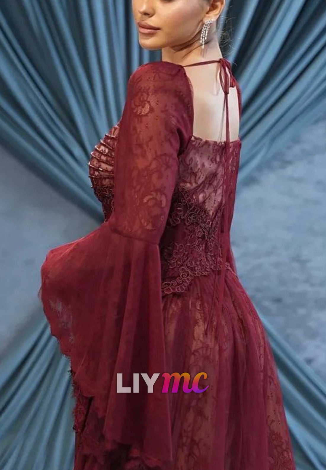 Lace Bell Sleeve A-Line Gown with Square Neckline