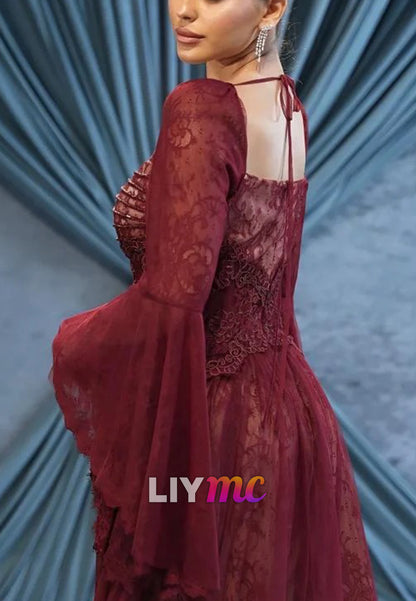 Lace Bell Sleeve A-Line Gown with Square Neckline