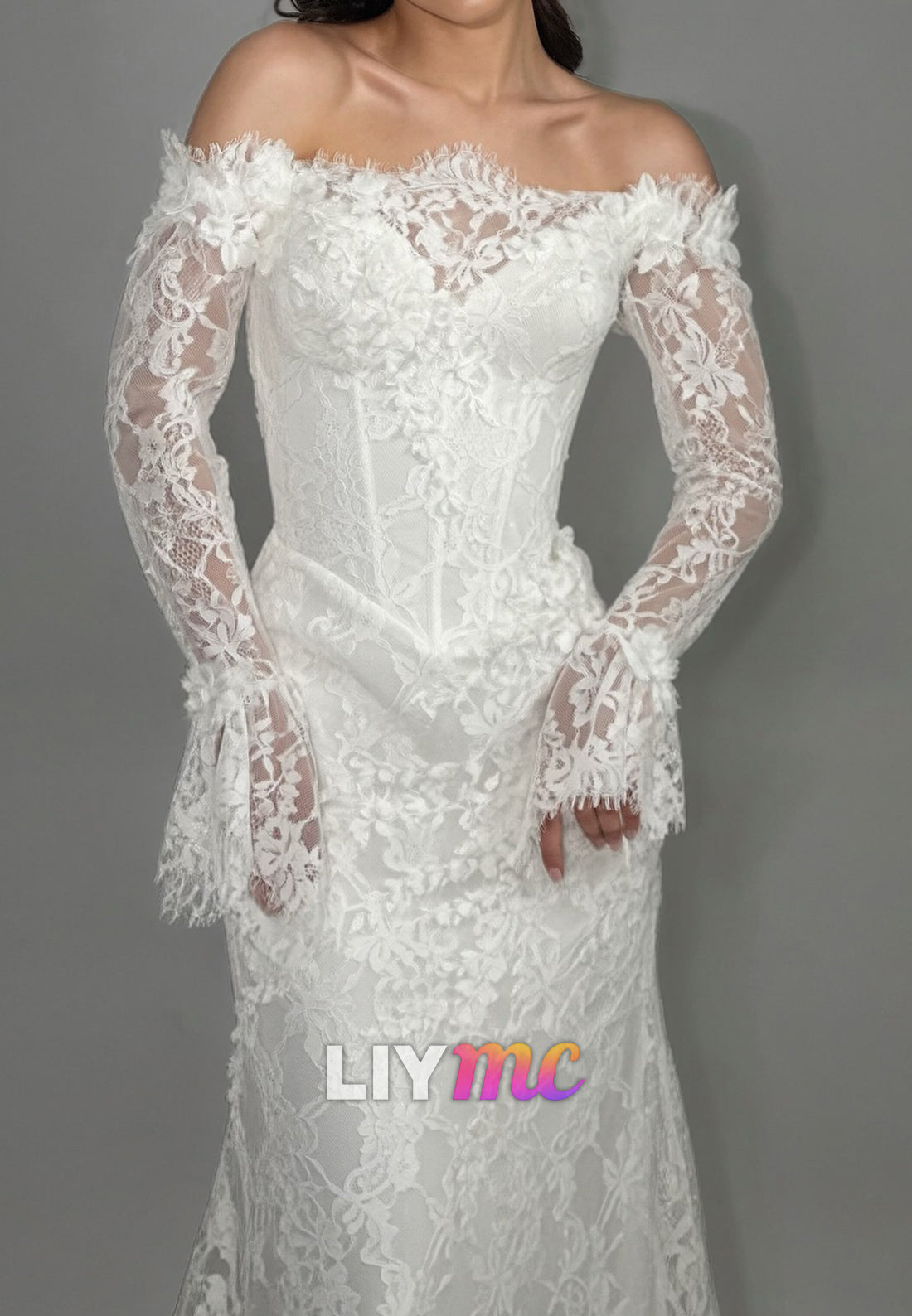 Off Shoulder Lace Mermaid Wedding Dress with Long Sleeves