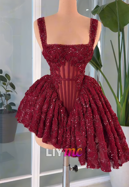 Corset Mini Dress with Beaded Floral Appliques