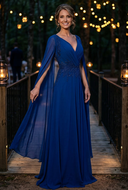 V-Neck Cape Sleeve Embroidered Evening Gown
